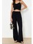 Tarz Kadın Modern Moda Normal Bel Boru Paça V Yaka Siyah Dokuma Bluz Pantolon Takım 1