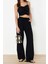 Tarz Kadın Modern Moda Normal Bel Boru Paça V Yaka Siyah Dokuma Bluz Pantolon Takım 5