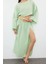 Tarz Kadın Modern Moda Normal Bel Boru Paça Kayık Yaka Mint Dokuma Yırtmaçlı Müslin Bluz Etek Takım 2