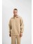 Unisex Double Oversize Patlı Yaka Sweatshirt - Bej 5