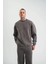Unisex Uzun Kol Bisiklet Yaka Yıkamalı Sweatshirt - Füme 1