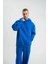 Unisex Double Oversize Kapşonlu Basic Sweatshirt - Mavi 1