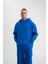 Unisex Double Oversize Kapşonlu Basic Sweatshirt - Mavi 4