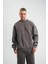 Unisex Uzun Kol Bisiklet Yaka Yıkamalı Sweatshirt - Füme 2