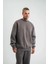 Unisex Uzun Kol Bisiklet Yaka Yıkamalı Sweatshirt - Füme 3
