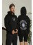 Erkek Sırt Baskılı Oversize Üç Iplik Kapüşonlu Hoodie Sweatshirt - Siyah 1