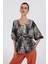 Oversize V Yaka Desenli Şifon Bluz - 3/4 Kol 1