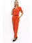 Kısa Kollu Yakasız Mini Ceket & Pileli Boru Paça Pantolon Takım-Turuncu 1