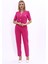 Kısa Kollu Yakasız Mini Ceket & Pileli Boru Paça Pantolon Takım-Fuşya 5