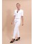 Kısa Kollu Yakasız Mini Ceket & Pileli Boru Paça Pantolon Takım-Beyaz 1