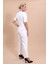 Kısa Kollu Yakasız Mini Ceket & Pileli Boru Paça Pantolon Takım-Beyaz 3