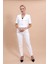 Kısa Kollu Yakasız Mini Ceket & Pileli Boru Paça Pantolon Takım-Beyaz 4
