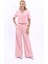 Kısa Kollu Yakasız Mini Ceket & Yüksek Bel Pileli Bol Paça Pantolon Takım-Pudra 1