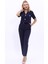 Kısa Kollu Yakasız Mini Ceket & Pileli Boru Paça Pantolon Takım-Lacivert 2