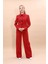 Gömlek Yaka Klasik Ceket & Korsaj Kemer Palazzo Pantolon-Kırmızı 5
