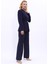 Kendinden Dik Yakalı Ceket & Bol Paça Pantolon-Lacivert 4