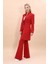 Kendinden Dik Yakalı Tek Düğmeli Uzun Ceket & İspanyol Paça Pantolon-Kırmızı 1