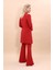 Kendinden Dik Yakalı Tek Düğmeli Uzun Ceket & İspanyol Paça Pantolon-Kırmızı 4