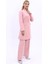 Kendinden Dik Yakalı Tek Düğmeli Uzun Ceket & Bol Paça Pantolon-Pudra 2