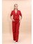 Kısa Kollu Yakasız Mini Ceket & Yüksek Bel Bol Paça Pantolon Takım-Kırmızı 1