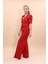 Kısa Kollu Yakasız Mini Ceket & Yüksek Bel Bol Paça Pantolon Takım-Kırmızı 2