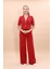 Kısa Kollu Yakasız Mini Ceket & Yüksek Bel Bol Paça Pantolon Takım-Kırmızı 5