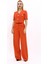 Kısa Kollu Yakasız Mini Ceket & Yüksek Bel Bol Paça Pantolon Takım-Turuncu 1