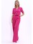 Kısa Kollu Yakasız Mini Ceket & Yüksek Bel Bol Paça Pantolon Takım-Fuşya 3