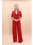 Kısa Kollu Yakalı Mini Ceket & Yüksek Bel Bol Paça Pantolon Takım-Kırmızı 5
