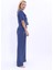 V Yaka Kısa Ceket & Korsaj Kemer Palazzo Pantolon-İndigo 3