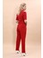 Kısa Kollu Yakalı Mini Ceket & Pileli Boru Paça Pantolon Takım-Kırmızı 4