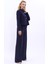 Oval Dik Yaka Kısa Ceket & Korsaj Kemer Palazzo Pantolon-Lacivert 4