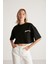 Carıssa Kadın Bisiklet Yaka Baskı Detaylı Crop Siyah T-Shirt 1