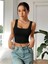 Kare Yaka Düşük Sırtlı Siyah Renk Fitilli Crop Top Bluz 5