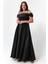 Kadın Siyah Taş Askılı Drapeli Büyük Beden Uzun Abiye Elbise 2