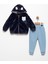 Unısex Bebek Atkılı Ayı Nakışlı Lacivert 6 Ay Peluş Hırka Pamuklu Şardonlu Jogger Takım FV-13334LAC06A 1