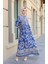 Desenli Yarım Patlı Elbise 4101-01 Indigo 2
