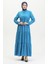 Yarım Düğmeli Desenli Elbise 0387-06 Indigo 1