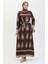 Desenli Kuşaklı Viskon Elbise 0443-03 Kahverengi 1