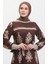 Desenli Kuşaklı Viskon Elbise 0443-03 Kahverengi 4