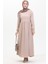 Bürümcük Kumaş Beli Büzgülü Elbise 1016-05 Vizon 1