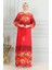 Kolu Lastikli Desenli Kuşaklı Viskon Elbise 0494-02 Kırmızı 2