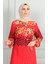 Kolu Lastikli Desenli Kuşaklı Viskon Elbise 0494-02 Kırmızı 4
