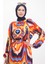 Desenli Kuşaklı Viskon Elbise 0501-02 Lacivert Mercan 4