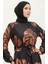 Çiçek Desenli Krep Elbise 0350A-01 Siyah Kahverengi 3