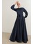 Kuşaklı Saten Abiye Elbise 5758-01 Lacivert 2
