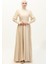 Kuplu Saten Abiye Elbise 6080-10 Açık Bej 2