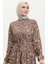 Desenli Kuşaklı Elbise 0364-02 Kahverengi 3