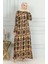 Desenli Kuşaklı Viskon Elbise 0499-06 Sütlü Kahve 1