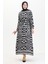Desenli Kuşaklı Viskon Elbise 0473-03 Siyah 1